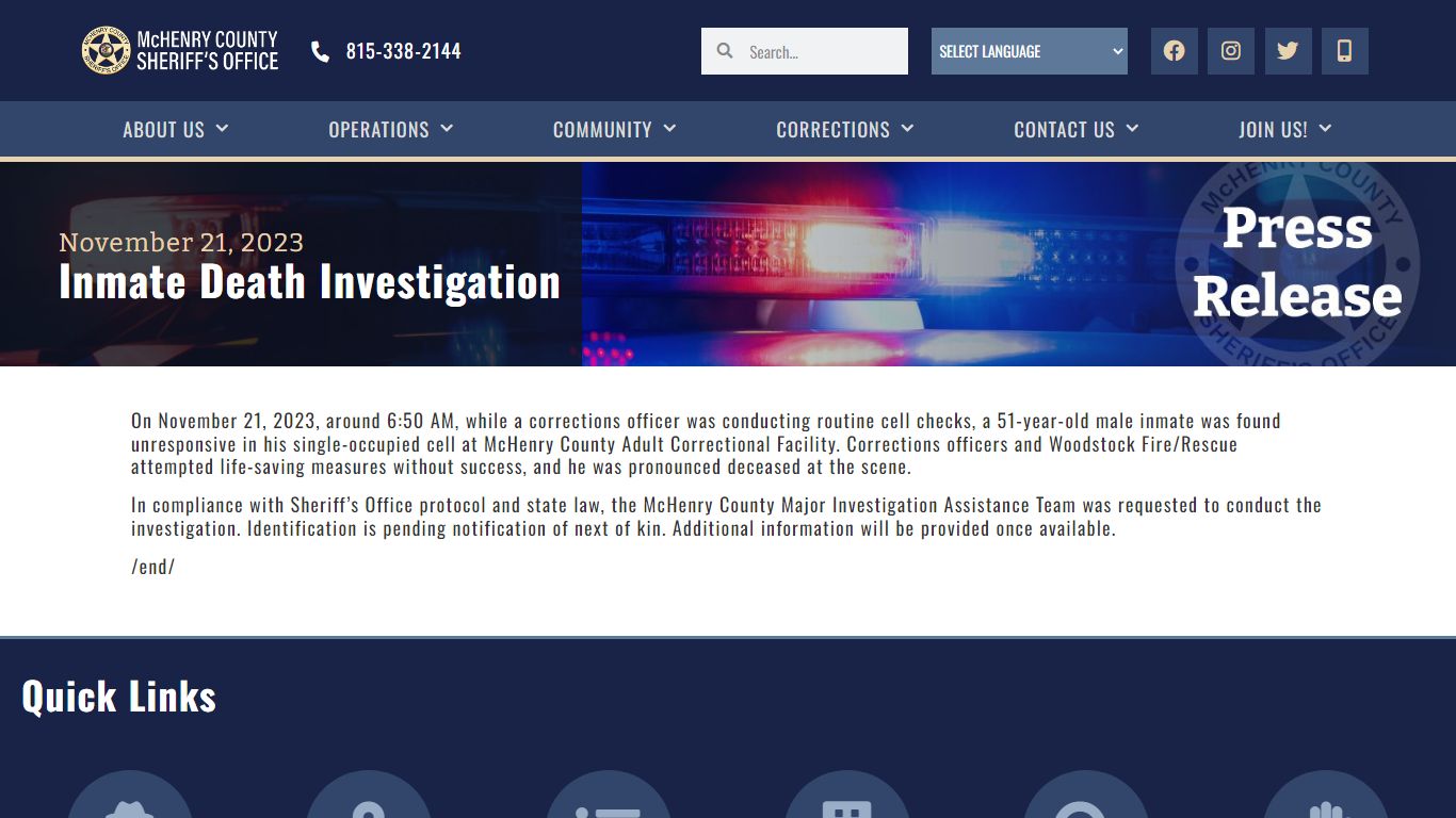 Inmate Death Investigation - McHenry County Sheriff's Office